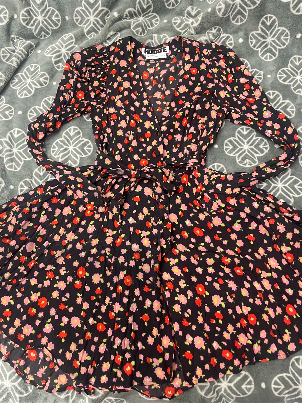 ROTATE Puff Sleeved Black Floral Tie-Waist Mini Dress w/ pockets